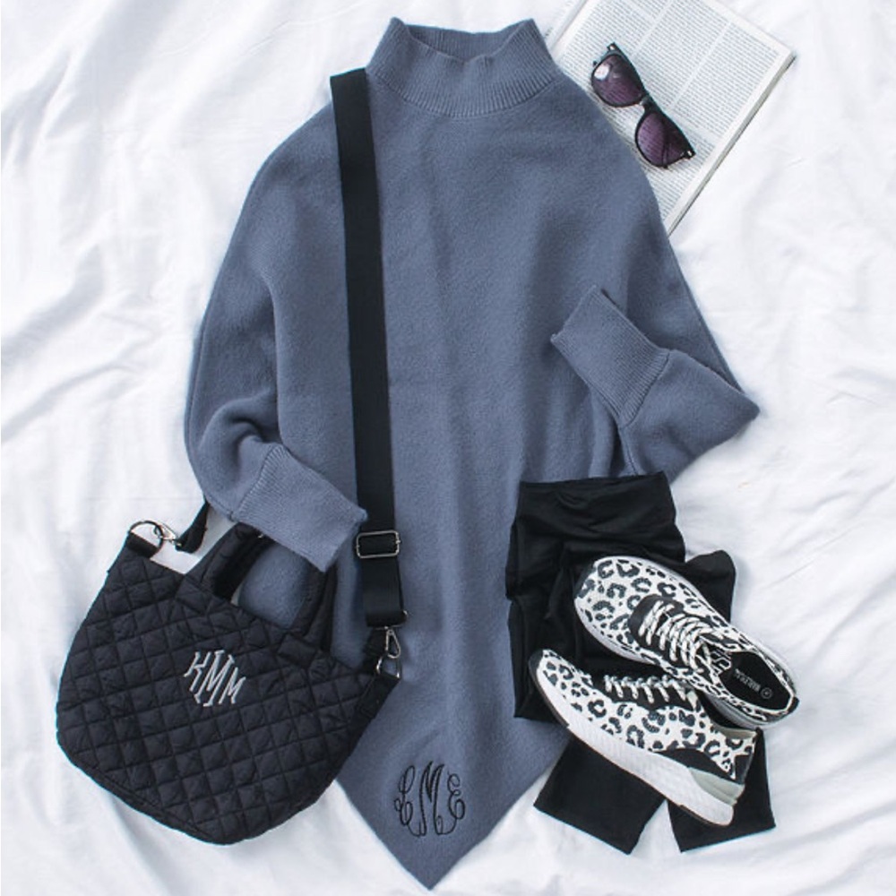 Marleylilly Monogrammed Sweater Poncho in Slate Blue Single Monogram “G”
